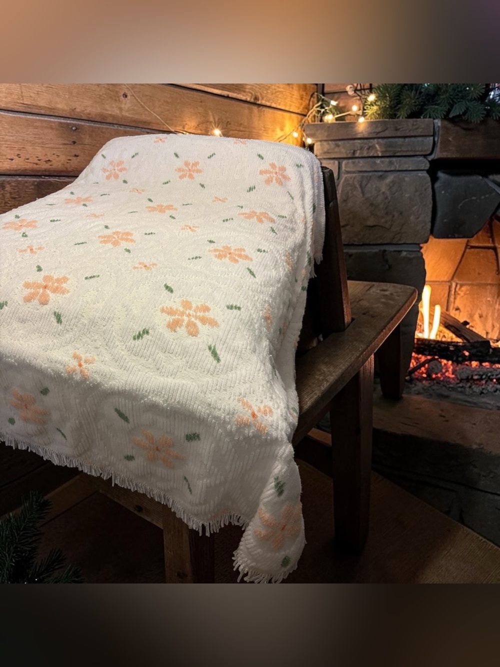 MCM White Chenille Floral Bedspread Peach Coral Green Flowers Queen Full Fringe